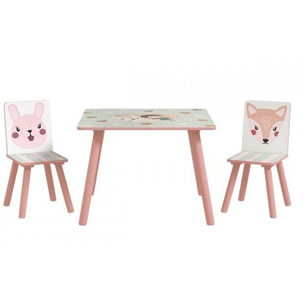 Vaikiškas baldų komplektas pagamintas iš pušies medienos, stalas su 2 kėdėmis